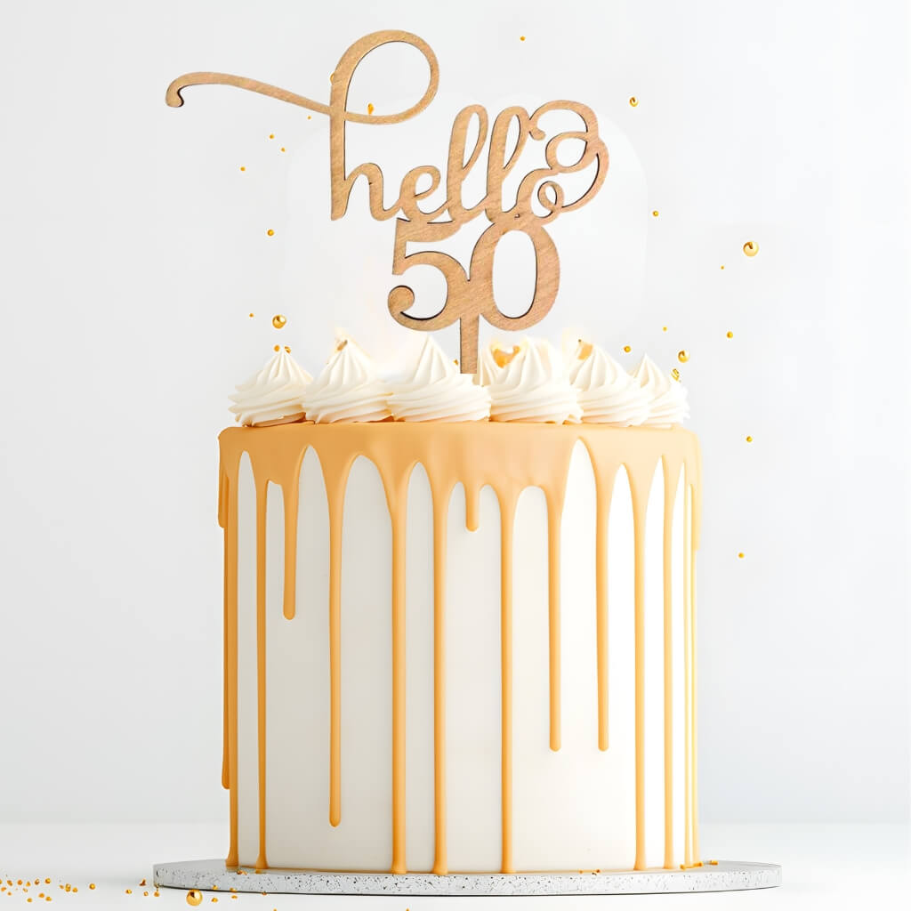 Wooden 'Hello 50' Birthday Cake Topper for 50th birthday cake decoration