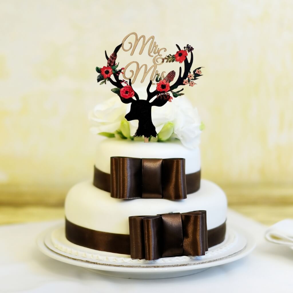 Vintage Wood 'Mr & Mrs' Floral Antler Wedding Bridal Shower Cake Topper