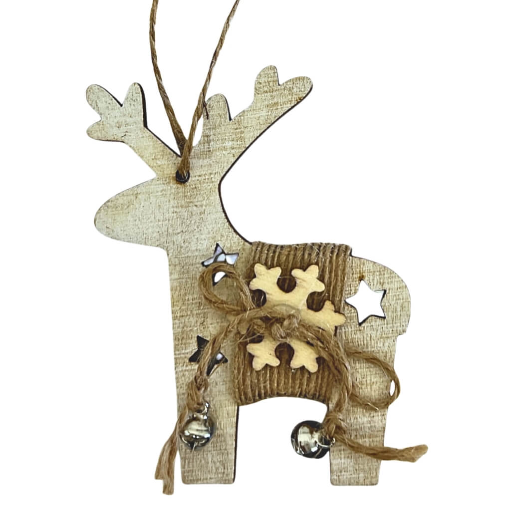 Wooden reindeer ornament with jute details christmas hanging pendant