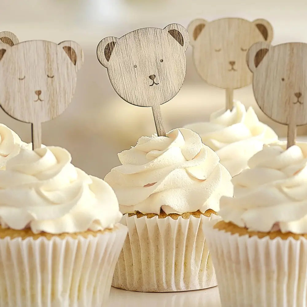 Wooden Teddy Bear Baby Shower Cupcake Toppers 6pk