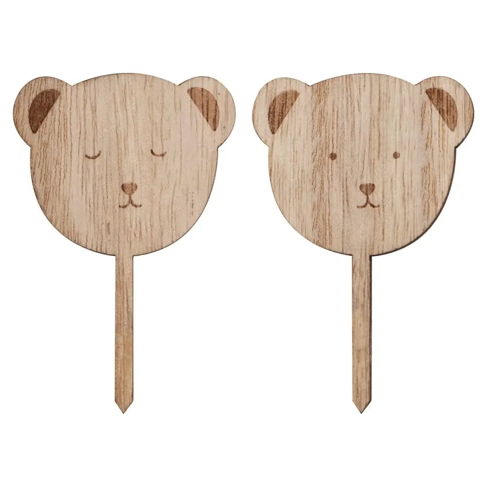 Wooden Teddy Bear Baby Shower Cupcake Toppers 6pk