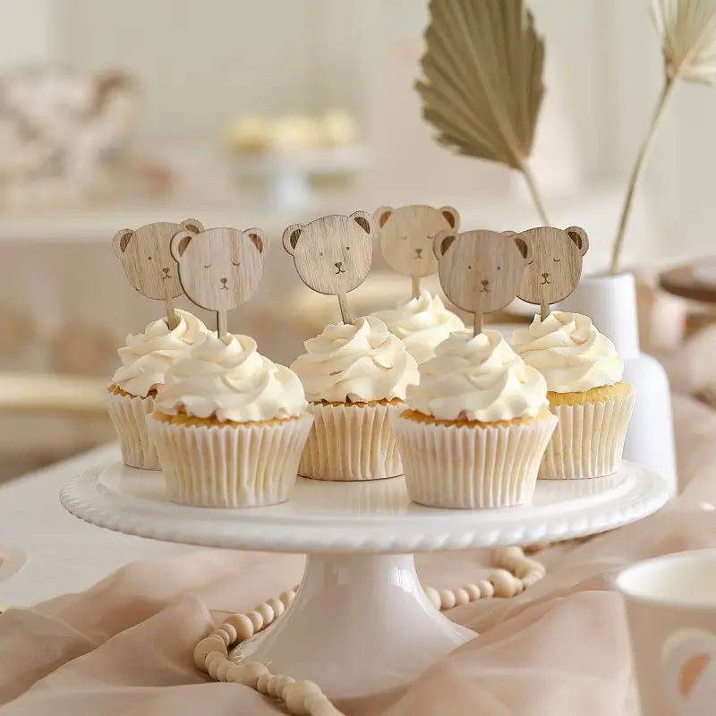 Wooden Teddy Bear Baby Shower Cupcake Toppers 6pk