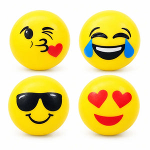 Four yellow high-bounce emoticon balls packed in a mesh bag