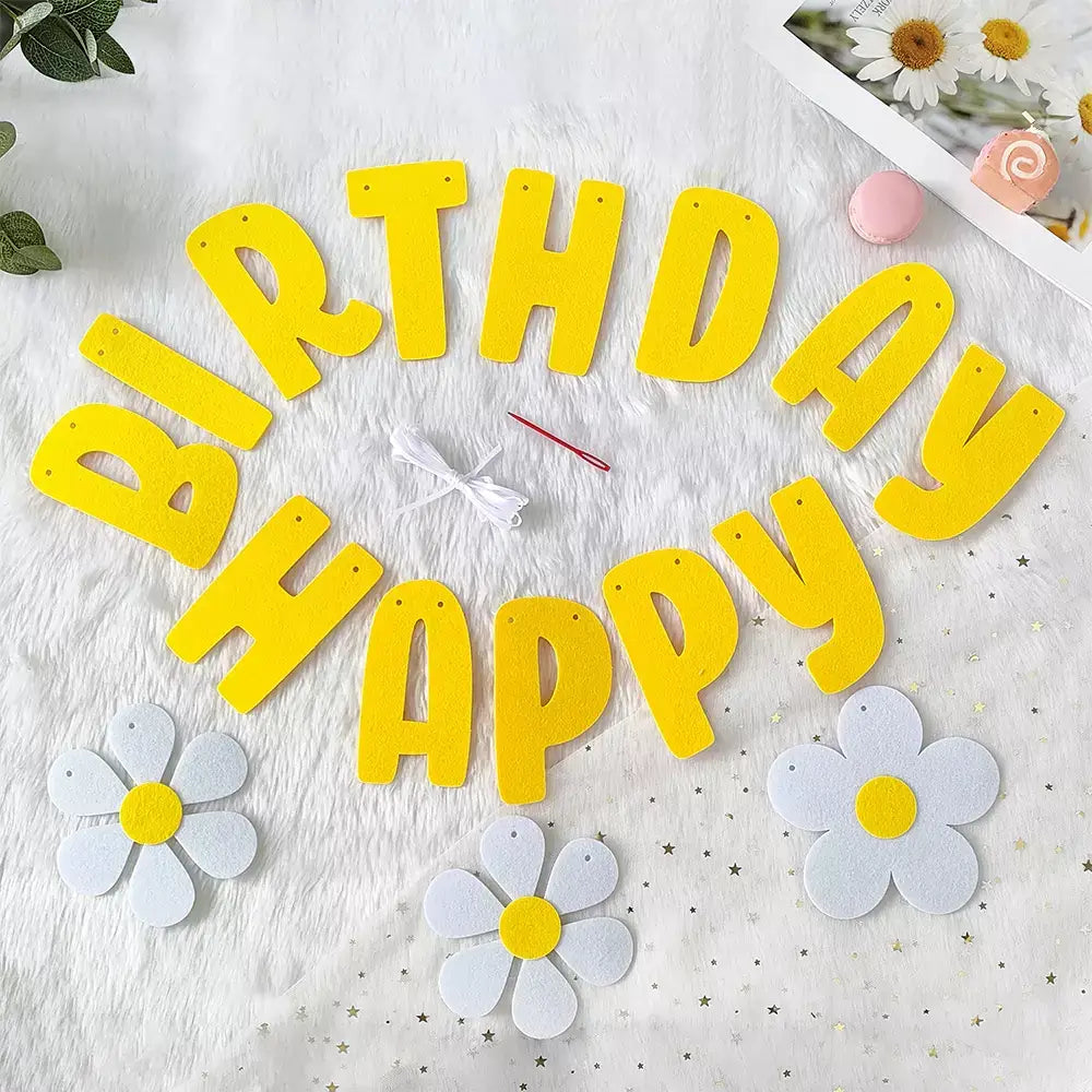 Yellow Happy Birthday with White Daisy Flower Felt fabric Banner Bunting