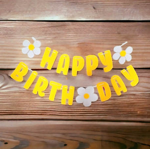 Yellow Happy Birthday with White Daisy Flower Felt fabric Banner Bunting