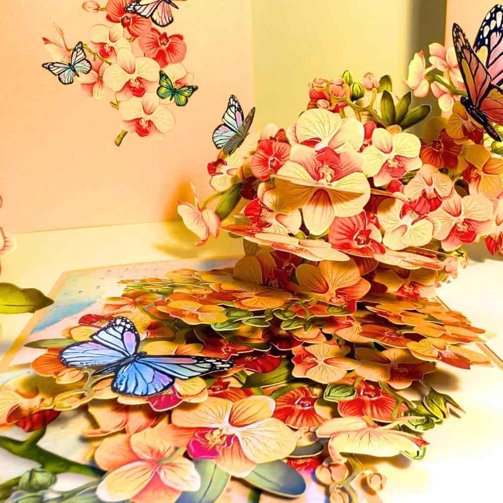 Golden Orchid Garden with Butterflies 3D Pop Up Greeting Card