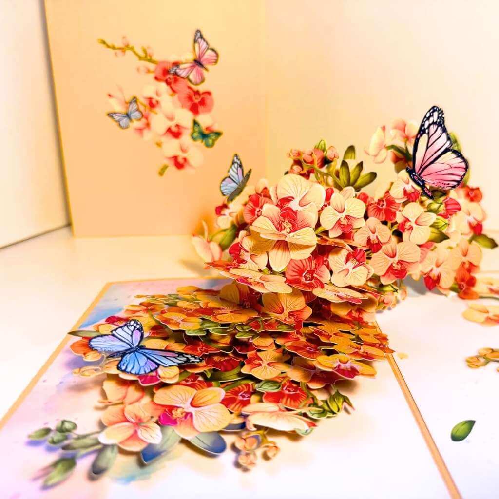 Golden Orchid Garden with Butterflies 3D Pop Up Greeting Card