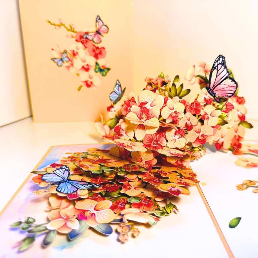 Golden Orchid Garden with Butterflies 3D Pop Up Greeting Card