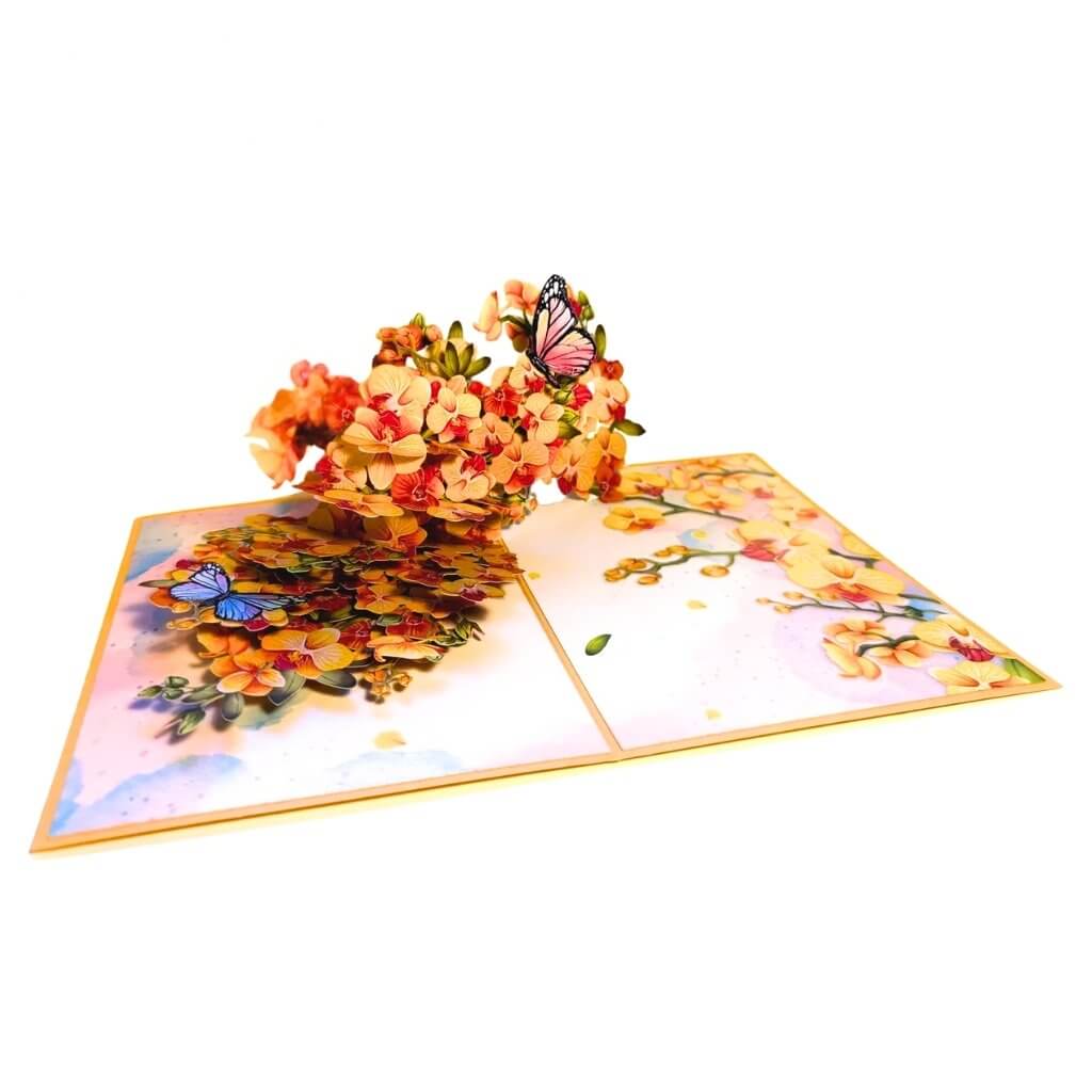 Golden Orchid Garden with Butterflies 3D Pop Up Greeting Card