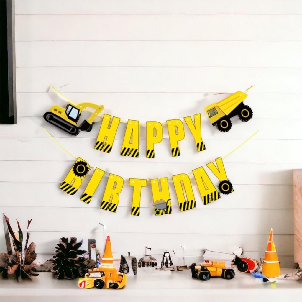 Yellow Excavator & Dumper Truck Happy Birthday Paper Banner