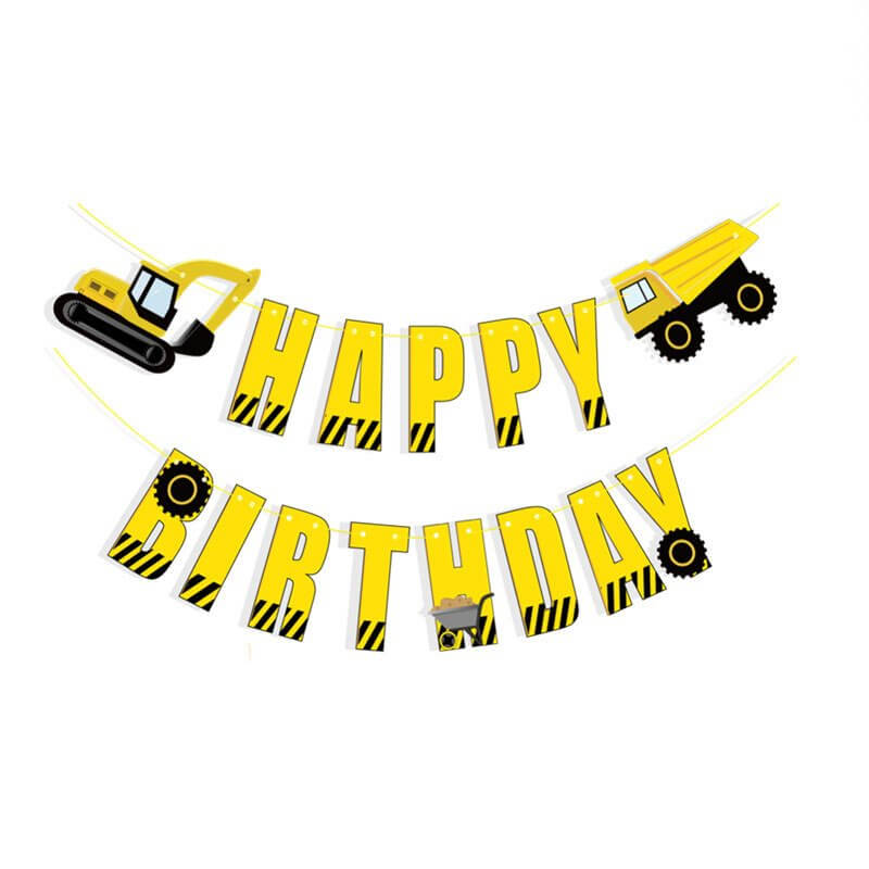 Yellow Excavator & Dumper Truck Happy Birthday Paper Banner