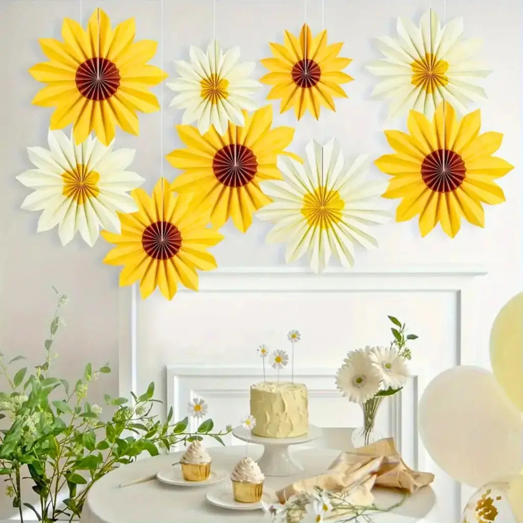 Pack of 9 Yellow Sunflower & Beige Daisy Paper Flowers - Floral Arrangements