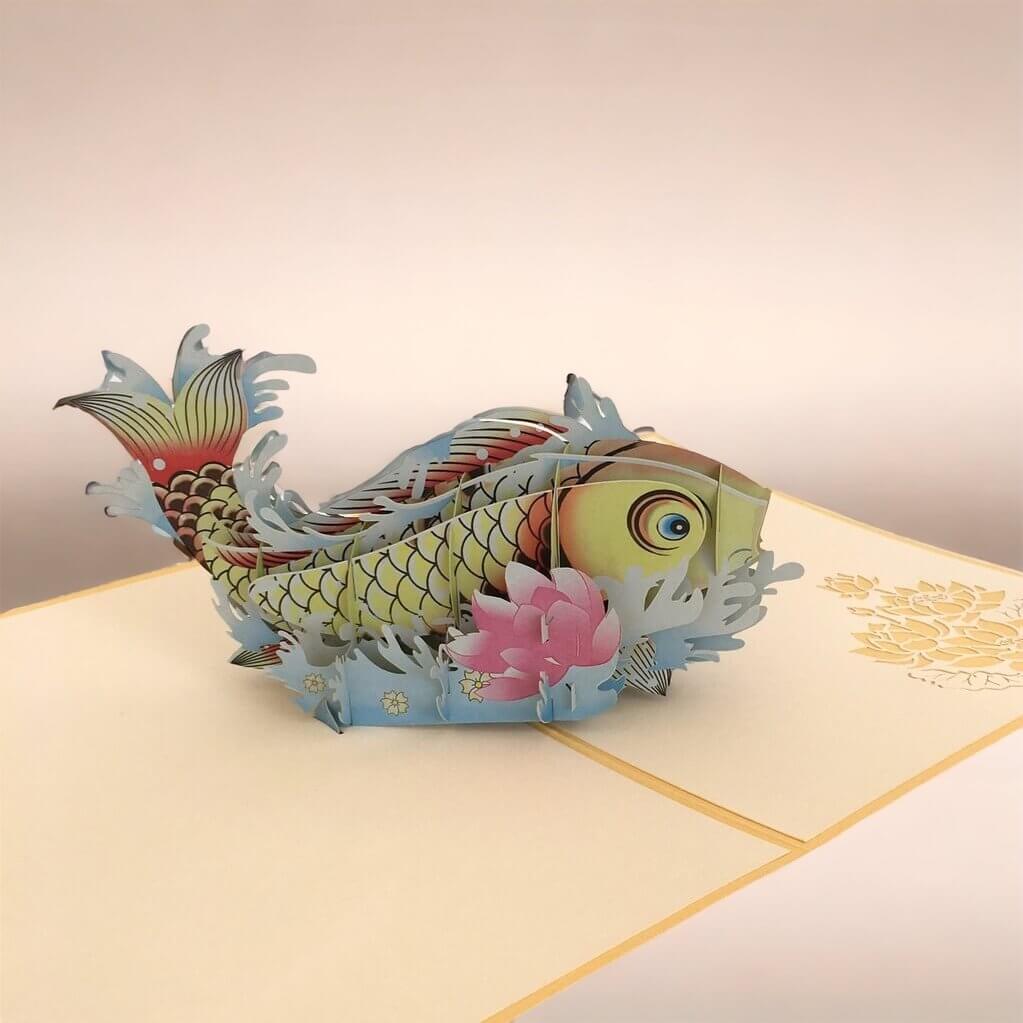 Handmade Yellow Japanese Koi Fish Pop Up Greeting Card