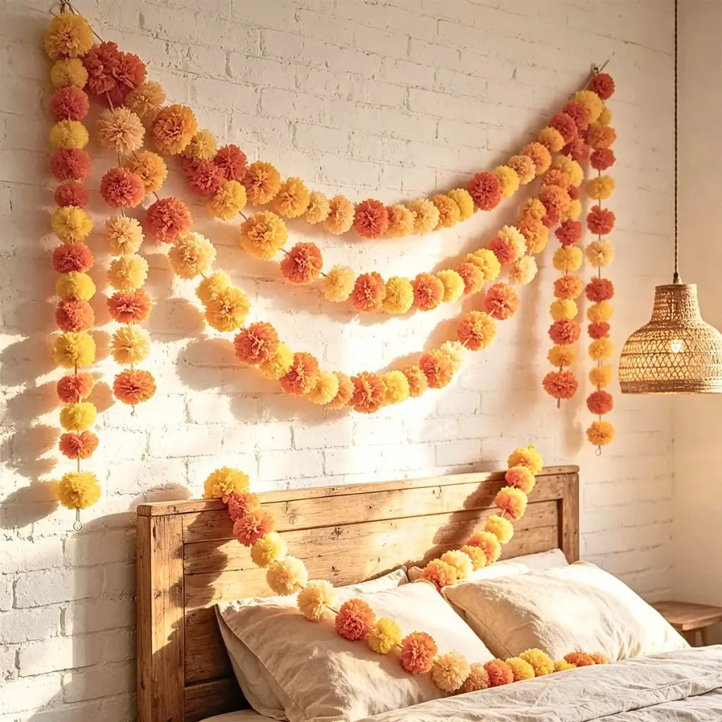 Yellow and orange traditional Indian pom pom garland