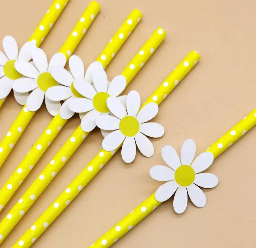 Yellow Polka Dot White Daisy Paper Straws 10pk