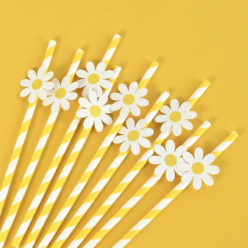 Yellow Striped White Daisy Paper Straws 10pk
