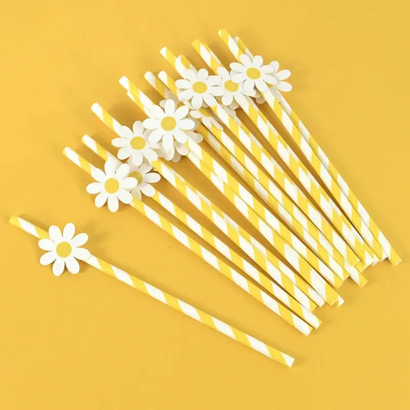 Yellow Striped White Daisy Paper Straws 10pk