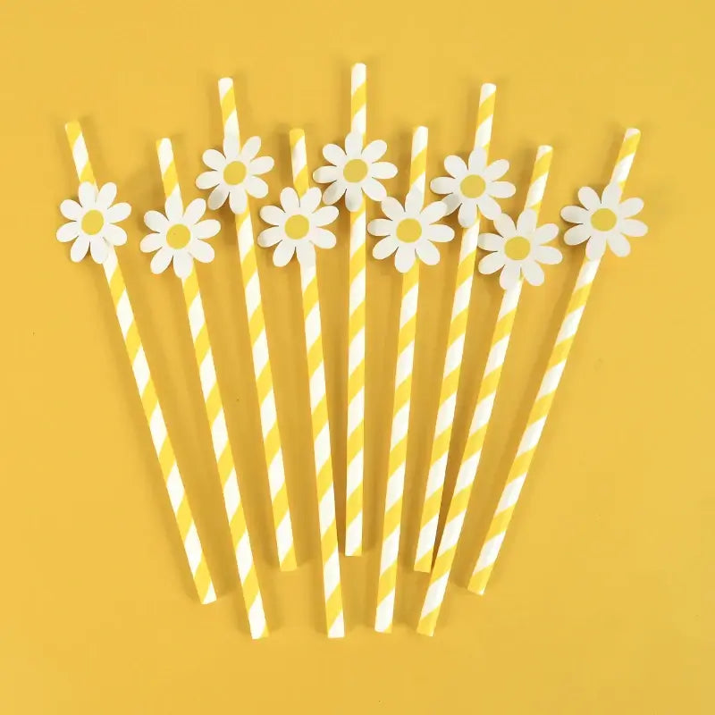 Yellow Striped White Daisy Paper Straws 10pk