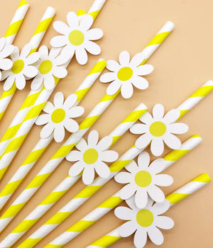 Yellow Striped White Daisy Paper Straws 10pk