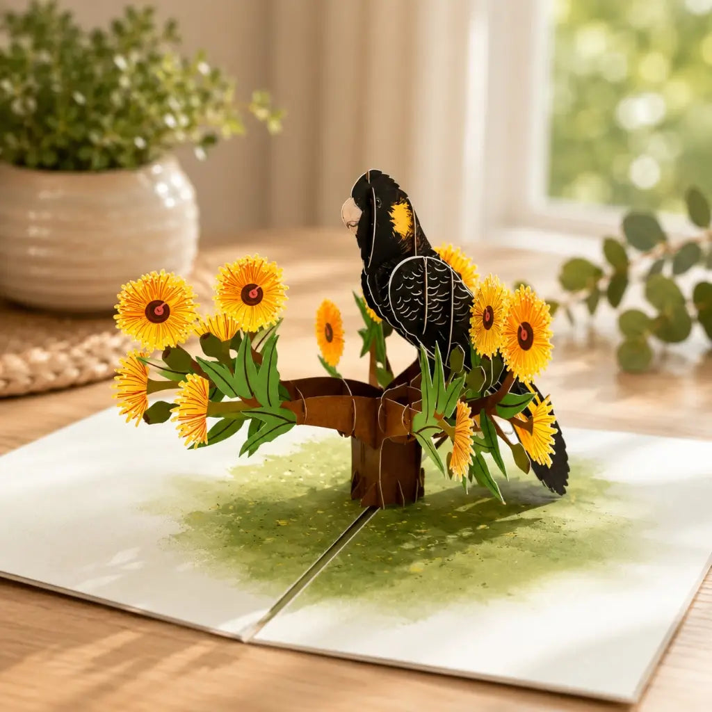 Yellow Tailed Black Cockatoo On Gold Gum Blossom 3D Origami Pop Up Native Bird Greeting Card