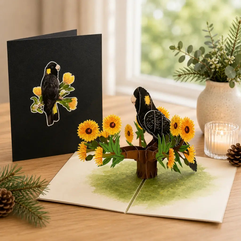 Yellow Tailed Black Cockatoo On Gold Gum Blossom 3D Origami Pop Up Native Bird Greeting Card