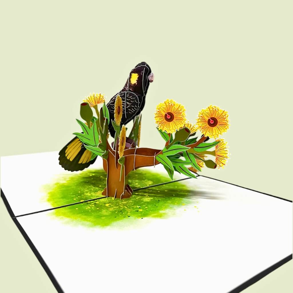 Handmade Yellow Tailed Black Cockatoo On Gold Gum Blossom 3D Origami Pop Up Native Bird Greeting Card