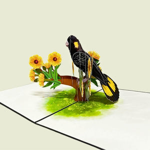 Handmade Yellow Tailed Black Cockatoo On Gold Gum Blossom 3D Origami Pop Up Native Bird Greeting Card