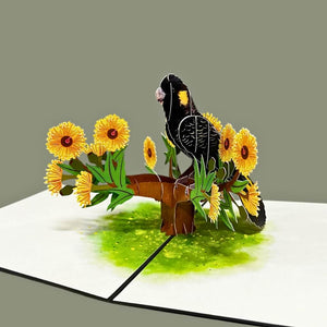 Handmade Yellow Tailed Black Cockatoo On Gold Gum Blossom 3D Origami Pop Up Native Bird Greeting Card