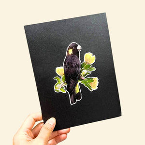 Handmade Yellow Tailed Black Cockatoo On Gold Gum Blossom 3D Origami Pop Up Native Bird Greeting Card