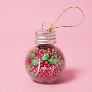 Glass JOY bauble with Christmas sprinkles, gold cord and gift tag