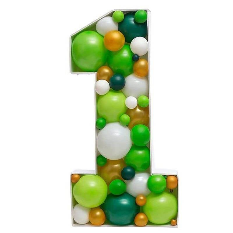 Number 1 balloon mosaic frame filled with balloons for first birthday party