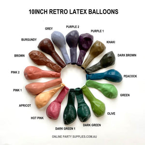10" Retro Colour Latex Balloon 10 Pack - Multi Colours colour chart