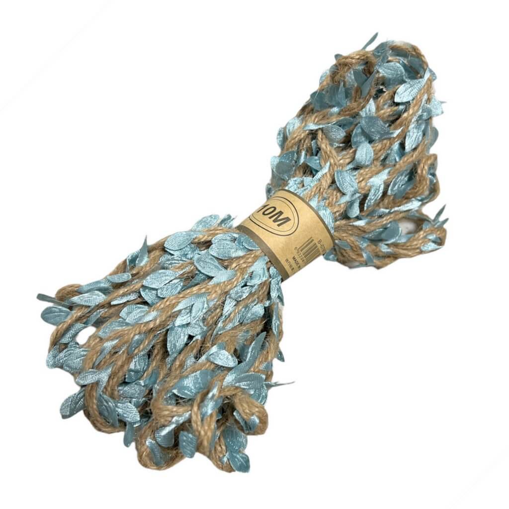 10m Artificial Light Blue Leaf Hessian Burlap Ribbon Roll - HESSIAN.14