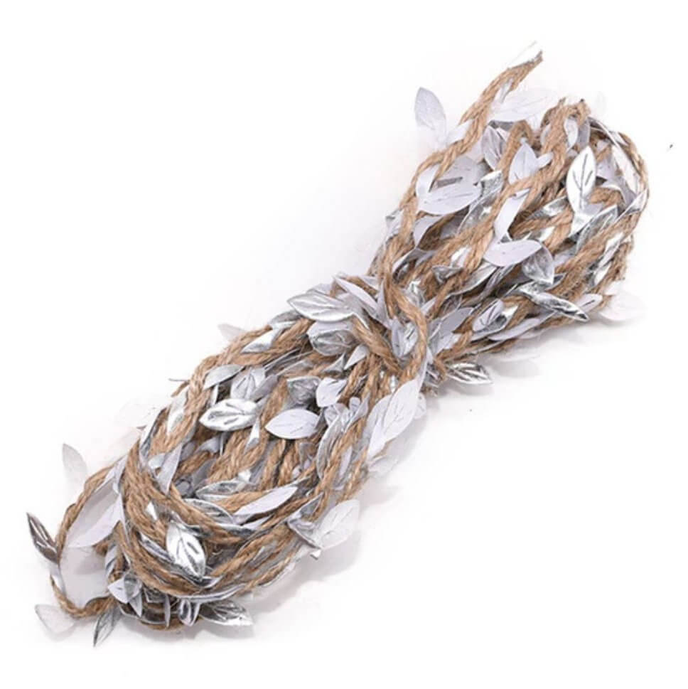 10m metallic silver Leaf Hessian Burlap Trim Ribbon