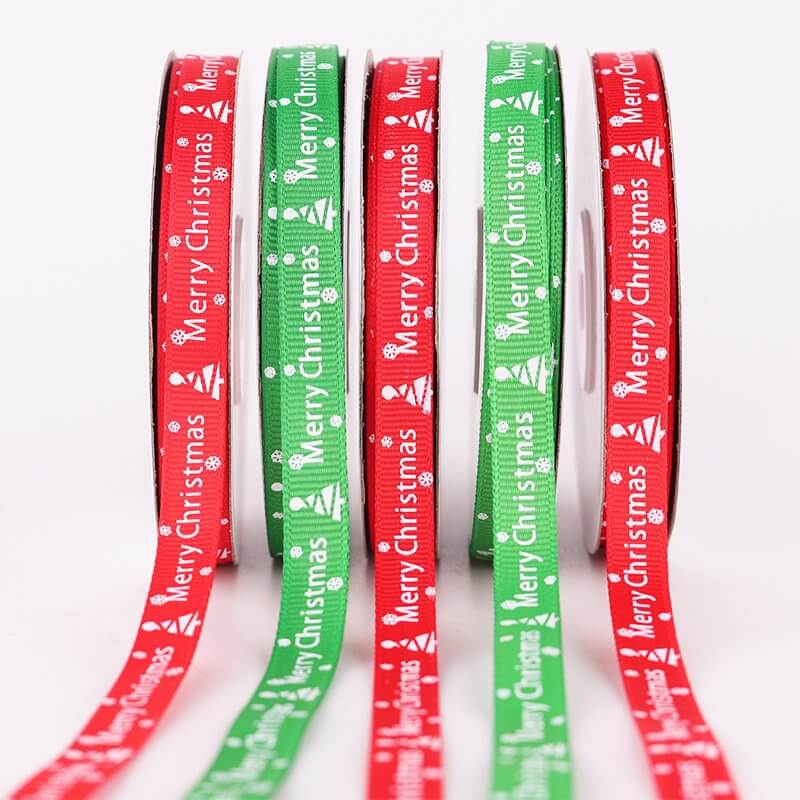 10mm x 22m Merry Christmas White Xmas Tree Red Green Grosgrain Ribbon Spool (25 Yards)