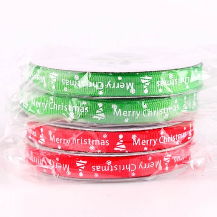 10mm x 22m Merry Christmas White Xmas Tree Red Green Grosgrain Ribbon Spool (25 Yards)
