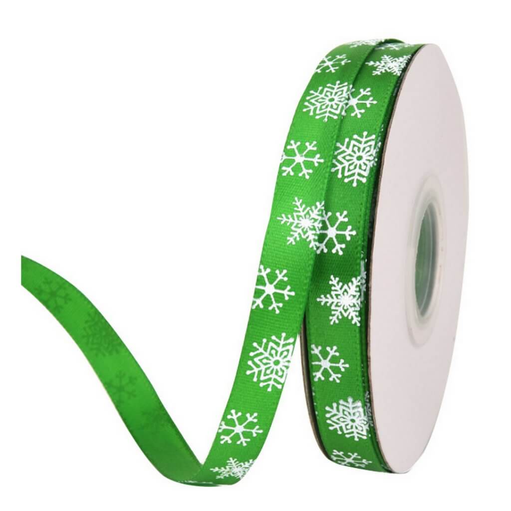 10mm x 22m Green Snowflake Printed Satin Christmas Ribbon Spool (24 Yards)