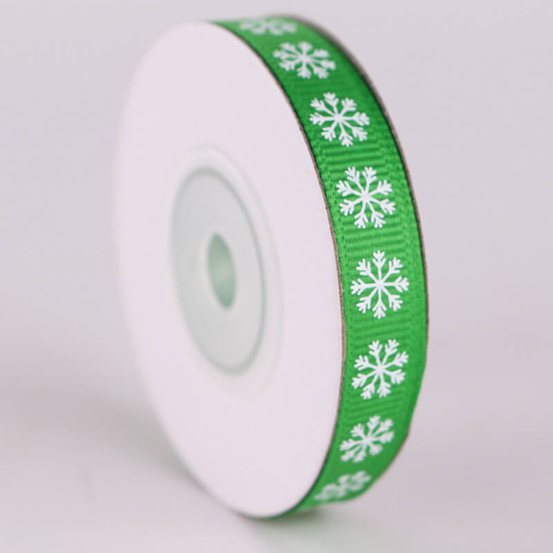 10mm x 9m Christmas Snowflake Printed Green Grosgrain Ribbon Spool (10 Yards)