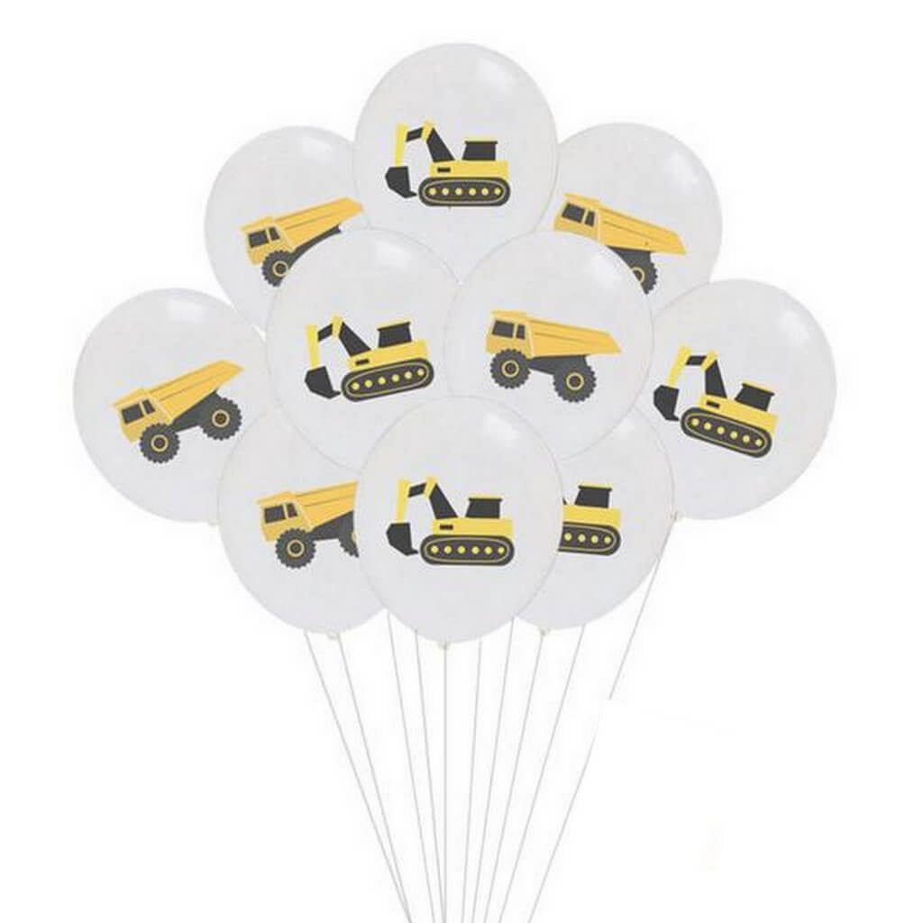 12inch Yellow Black Excavator and Dumper Truck Printed White Latex Balloon Bouquet  (Pack of 10) - Construction Themed Party Decorations