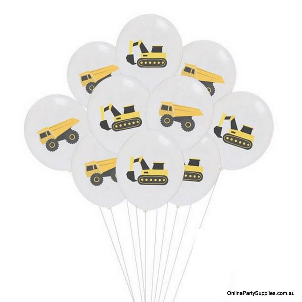 12inch Yellow Black Excavator and Dumper Truck Printed White Latex Balloon Bouquet  (Pack of 10) - Construction Themed Party Decorations