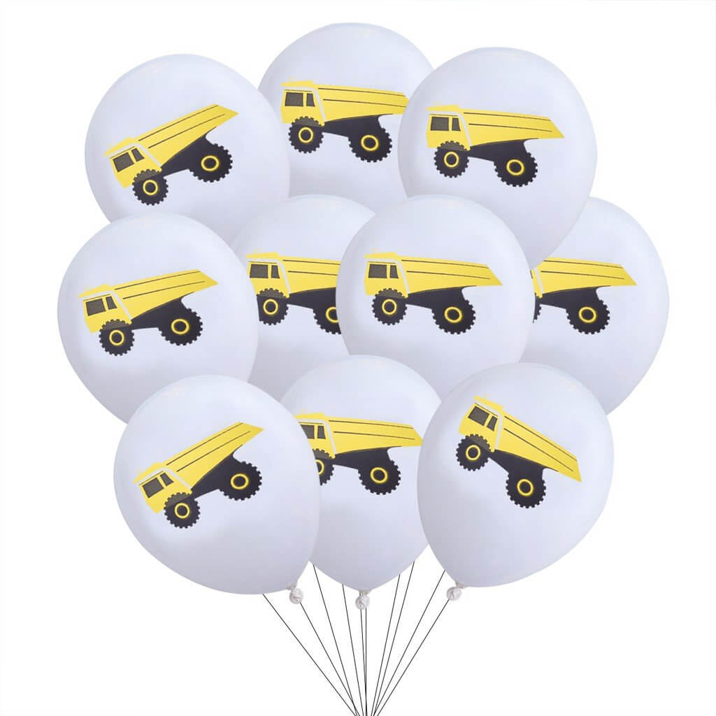 12inch Yellow Black Dumper Truck Printed White Latex Balloon Bouquet  (Pack of 10) - Construction Themed Party Decorations