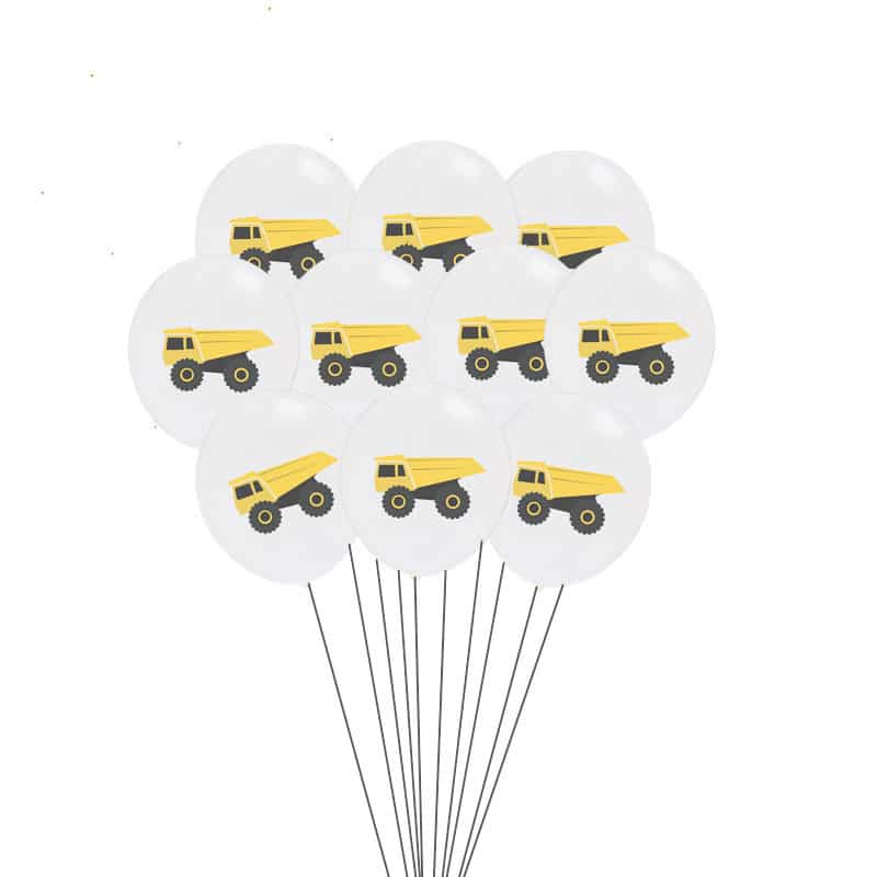 12inch Yellow Black Dumper Truck Printed White Latex Balloon Bouquet  (Pack of 10) - Construction Themed Party Decorations