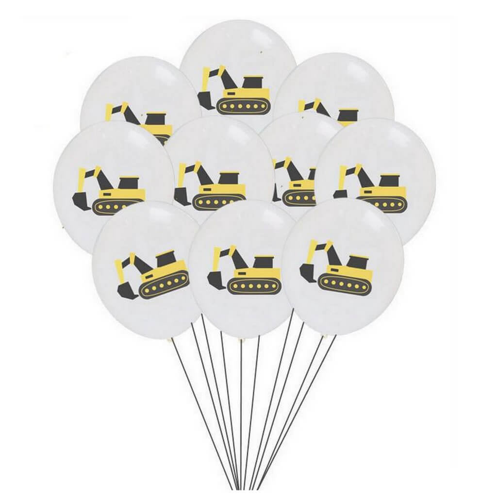 12inch Yellow Black Excavator Digger Truck Printed White Latex Balloon Bouquet  (Pack of 10) - Construction Themed Party Decoration