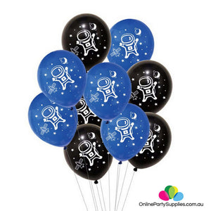 12" Online Party Supplies Black Blue Astronaut Latex Balloon Bundle (Pack of 10)