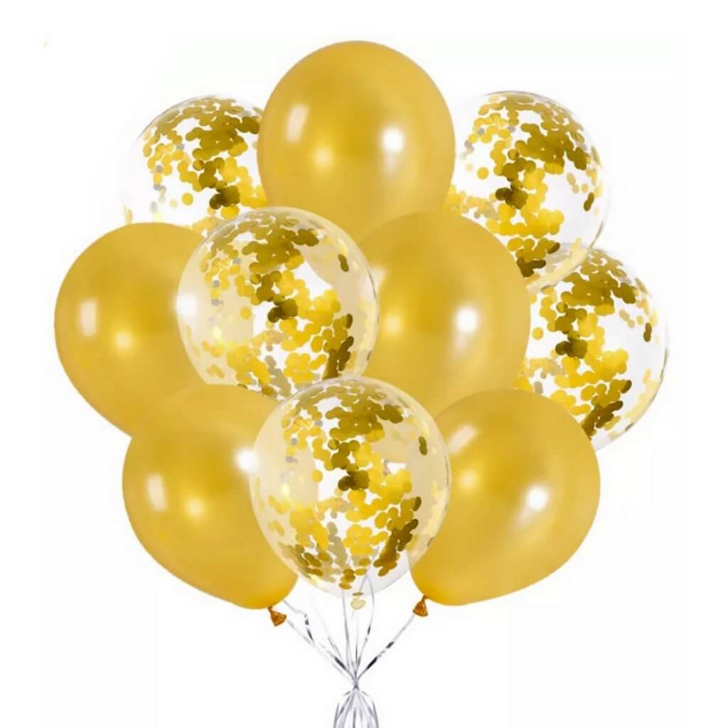 12-inch pearl Gold latex  & confetti Balloon Bouquet - 10pcs Bundle