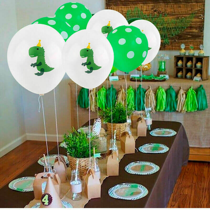 12" Green Baby T-Rex Dinosaur Polka Dot Balloon Pack (10 Pieces) - Dino Themed Party Decorations