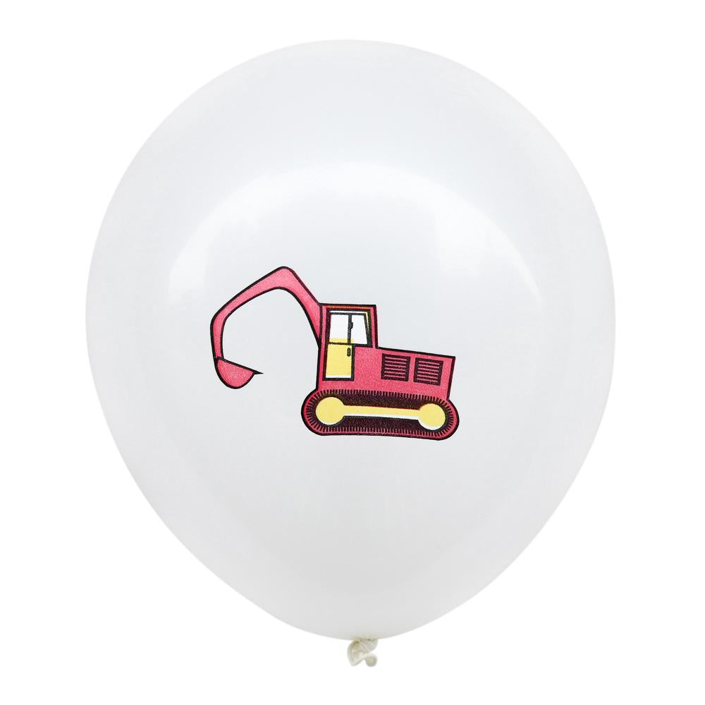 12inch Red Excavator Digger Truck Printed White Latex Balloon Pack of 10 Balloons - Engineering Construction Vehicle Themed Birthday Party Decorations