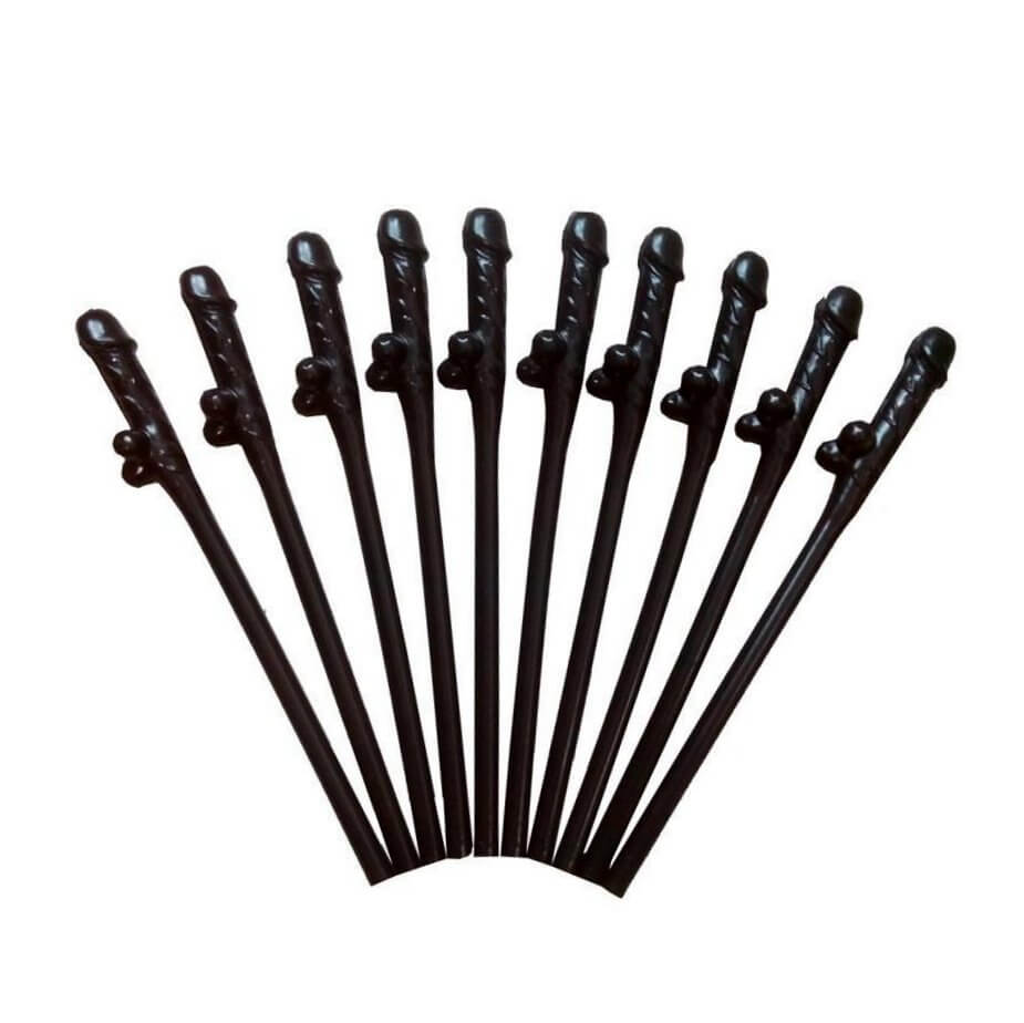 Black Naughty Hens Party Penis Shaped Drinking Straw 10 Pack