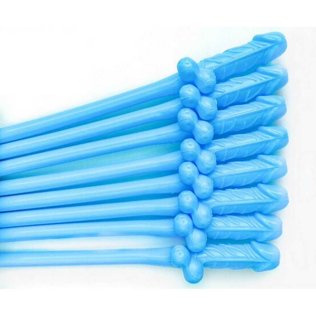 Blue Naughty Hens Party Penis Shaped Drinking Straw 10 Pack