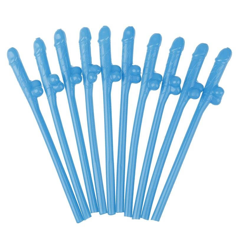 Blue Naughty Hens Party Penis Shaped Drinking Straw 10 Pack